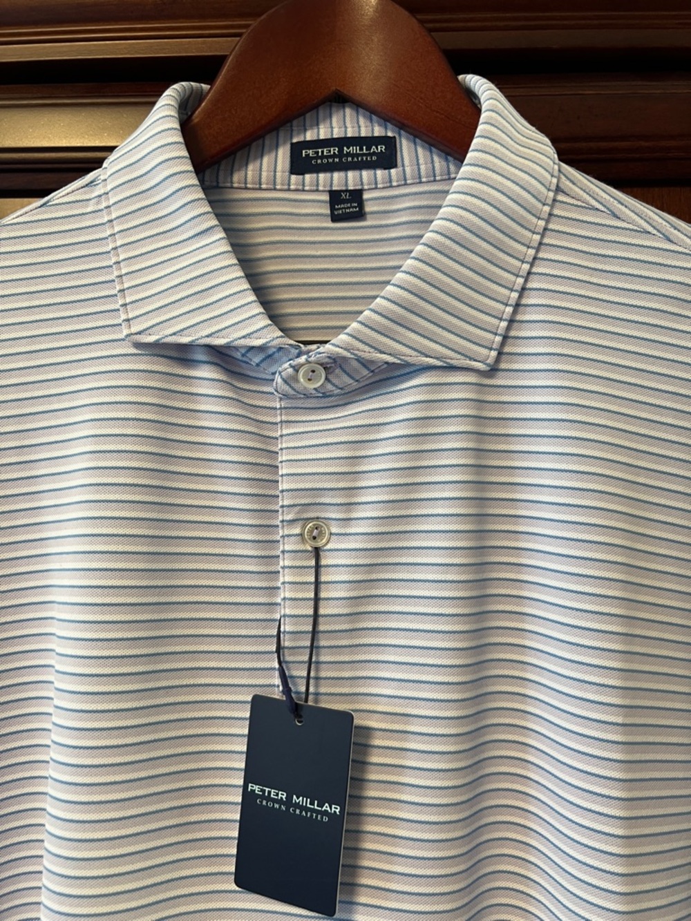 Brand New Peter Millar Crown Crafted Tailored Fit Gray & Blue Stripes Golf Polo!